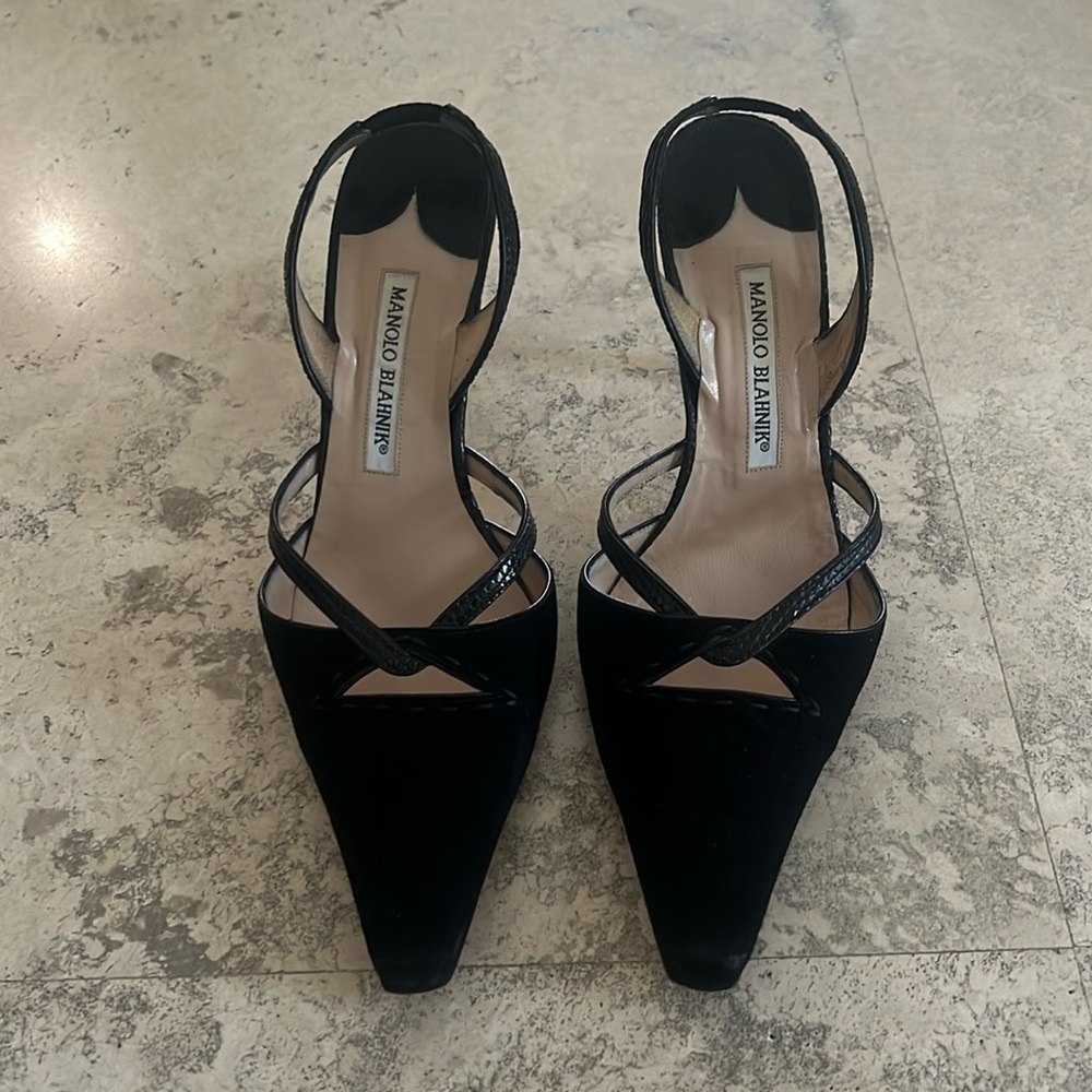 Manolo blahnik suede and croc leather slingbacks